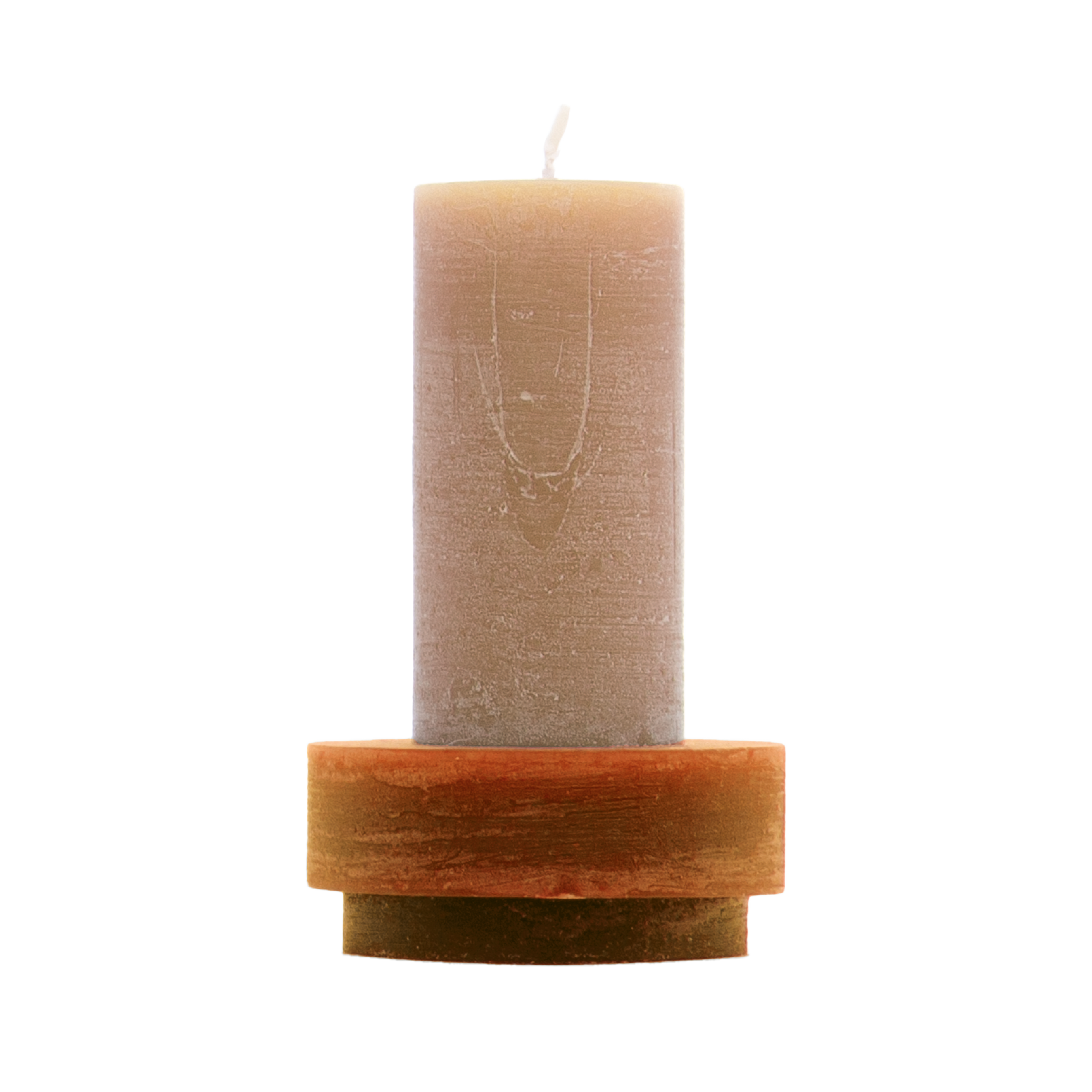 Beige kaars met bruine kaarshouder van Stan Editions. Beige candle with brown candle holder from Stan Editions.Bougie beige avec bougeoir marron des Stan Éditions Stack 01 beige; Module 1&2 Beige.